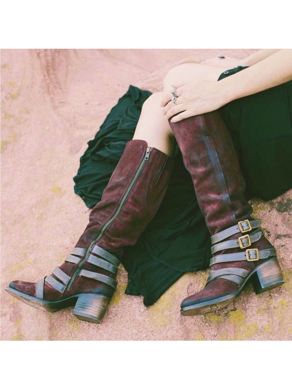 Freebird by Steven Siera Burgundy Suede Boots with Brown Strap Detail